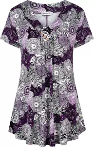 Women'S Tunic Summer Short Sleeve Top Loose V Neck Dressy Shirt Blouse - Picture 1 of 12