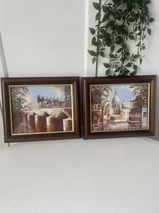 Vintage Pair Paris Oil Paintings Canvas Mid Century Modernist Gallery Wall - Picture 1 of 9