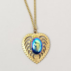 Heart Necklace Vtg Carnival Glass Bead Cabochon Matt Gold Tone Curb Chain 24"