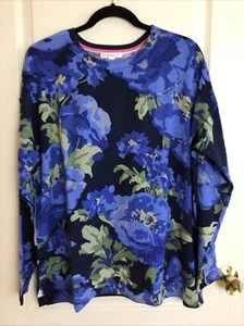 Isaac Mizrahi Live Blue Floral Viscose Blnd Split Hem Tunic Round Neck Sweater L - Picture 1 of 7