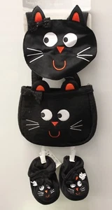 3-SET 0-6M SCHWARZE KATZE LÄTZCHEN STIEFEL & TASCHE süß Baby Halloween Neugeborenes Kostüm NEU - Bild 1 von 6