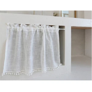 Short Curtain Pom Pom Half Curtain Cafe Cabinet Door Small Window Drape Decor - Picture 1 of 16