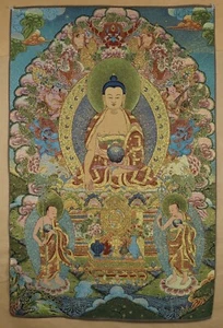 Chinese woven tapestry meditation THANGKA BUDDHA SHAKYAMUNI - Picture 1 of 10