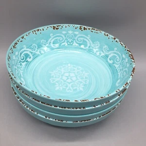 4 Cynthia Rowley Teal Blue Melamine Cereal Salad Bowl Set Medallion Tuscan Swirl - Picture 1 of 8