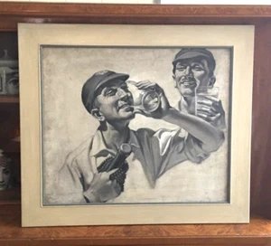 Rare Cricket drawing Grisaille Of Cricketers c 1950's Untitled On Canvas - Imagen 1 de 10