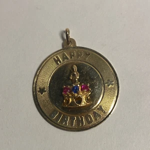Happy Birthday Pendant 14K Yellow Gold 3 Gemstones Red & Blue 3.5 Grams Cake - Picture 1 of 5