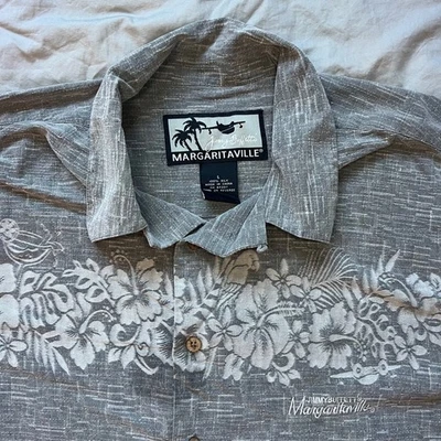 Camisa Hawaiana JIMMY BUFFETT Margaritaville Para Hombres Grande Gris Seda Vacaciones Verano Foto 1 de 4