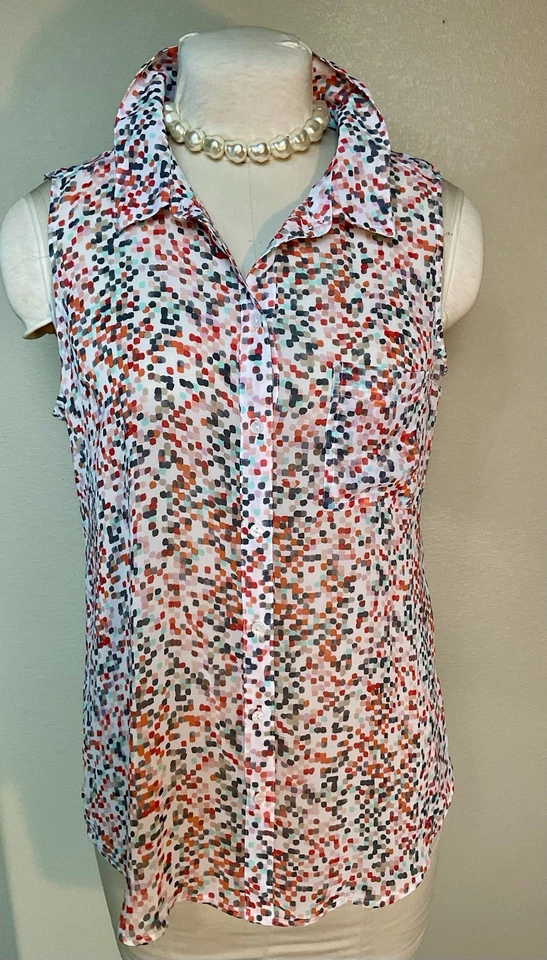 Blusa sin mangas con cuello abotonado Liz Claiborne para mujer Top multicolor grande Foto 1 de 4