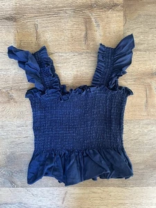 Hill House 100% Linen Smocked Ruffle Top Navy Blue Women’s S Cottagcore - Picture 1 of 4