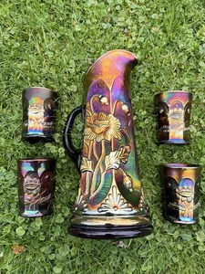 Northwood Oriental Poppy Amethyst Carnival Glass Tankard & Tumbler Water Set - Picture 1 of 10