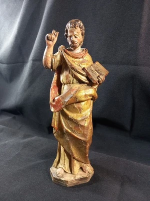 Statuette Evangeliste Bois Sculpté Peint Polychrome Doré XVIII Siècle Catholique - Bild 1 von 4