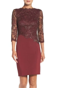 Tadashi Shoji NWT Raisin Embroidered Lace Tulle 3/4 sleeve Dress, sz 4 $388 - Picture 1 of 14