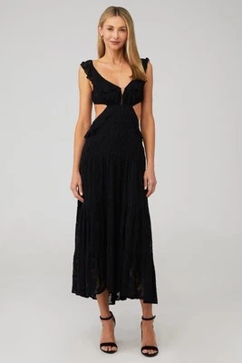 Maxi Vestido Karina Grimaldi Marigot Negro Jacquard S Gótico Romántico Transparente En Niveles Foto 1 de 4