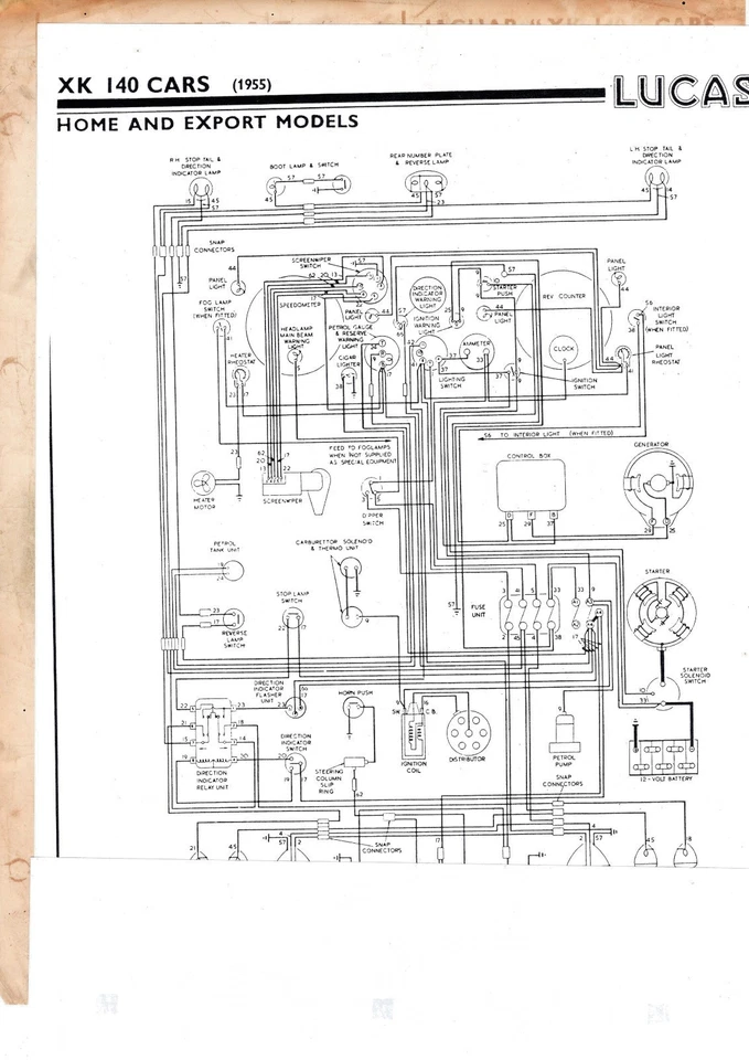 Foto copia del diagrama de cableado original LUCAS Jaguar XK 140 1955. W26880A Foto 1 de 1