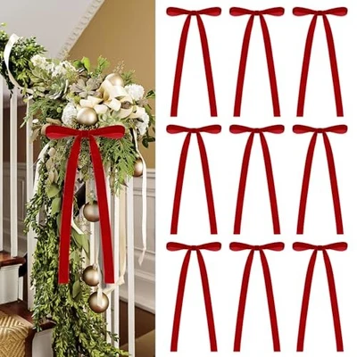 Pcs Velvet Bows for Christmas Tree - 5.9" x 11.81" Vintage Rustic Ribbon 20 Red - Image 1 of 4