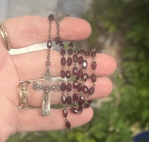 ANTIQUE ART NOUVEAU Garnet Red Beads ROSARY Sterling Silver Lourdes 17” Prayer - Picture 1 of 7