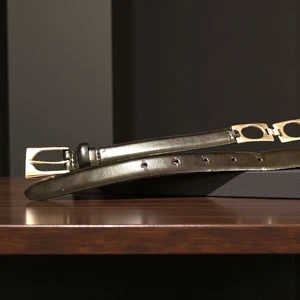 Black Leather Belt with Silver-Tone Oval Link Chain Design Adjustable Buckle - Picture 1 of 6