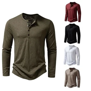 Men’s Cotton Henley Long Sleeve T-Shirt Casual Solid Slim Fit Top - Picture 1 of 7