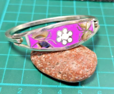 VINTAGE  1960's SILVER TONE STAMPED MEXICO HINGED BANGLE BRACELET ABALONE SHELL - Изображение 1 из 4