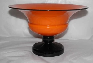 Vintage Art Deco Tango Art Glass Bohemian Czech Pedestal Bowl Orange & Black - Picture 1 of 3