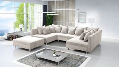 Wohnlandschaft Sofa Couch Ecksofa Eckcouch in Cordstoff beige Minsk XXL + Hocker - Bild 1 von 4