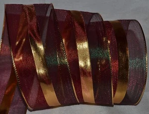 Wired Ribbon~Rust Sheer~Color-Change Green Stripe~Gold~2.5"~Christmas~Holiday - Picture 1 of 2