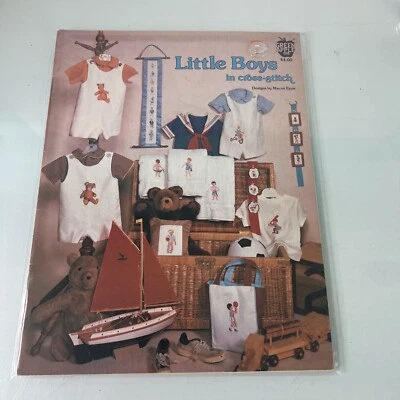Little Boys in Cross Stitch Pattern Book Green Apple Co Bear Baseball Basketball - Image 1 of 4