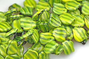 25 Unique Chunky Yellow Green and Jet Czech Glass Wavy Leaf Beads 15MM
