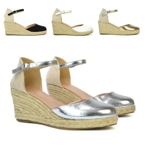 Womens Wedge Espadrille Sandals Ladies Low Heeled Platform Ankle Strap Shoes 3-8 - Picture 1 of 45