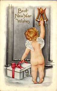 Vintage New Year Postcard Baby New Year Cherub Angel Wings Delivering Gift 1910  - Picture 1 of 3