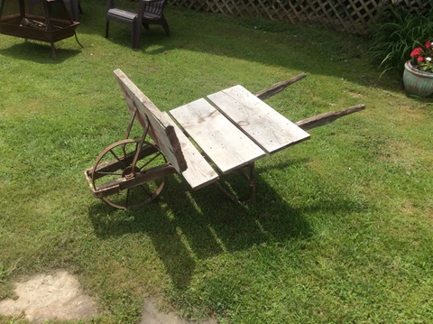 Antique Flatbed Wheelbarrow, Homemade, Iron Wheel , Garden Decor , Primitive Cover
