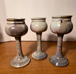 Set/3 Studio Art Pottery Goblet Wine Chalice Earth Tone Stoneware Goblets 8.25" - Picture 1 of 7
