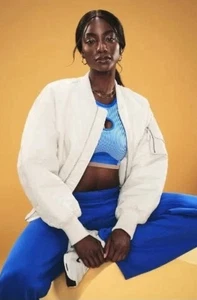 NWT Fabletics Iconic Bomber Jacket Cream Froth Size 2X Logo Misprint - Picture 1 of 11