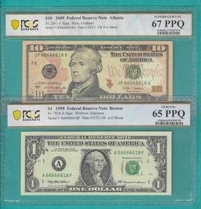 $1 and $10 2X Matching Serial Number SOLID 6s 66666618 PCGS Graded 65/67 - Picture 1 of 2