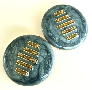 Vintage Blue Swirl Silver Glitter Enamel Gold Tone Pierced Earrings 1-1/16" - Picture 1 of 4