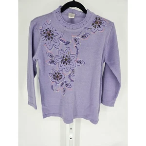 Adrian Delfield Women's Purple Rhinestone Long Sleeve Crew Neck Sweater Size S - Picture 1 of 5