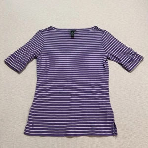 Lauren Ralph Lauren Womens XS Purple Stripe Boatneck Cuffed Half Sleeve T Shirt - Picture 1 of 6