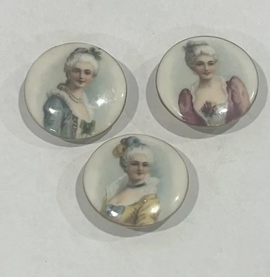 Lot 3 Antique Porcelain Rococo Portrait Buttons Self-Shank Gold Rim Debutantes - Image 1 of 4