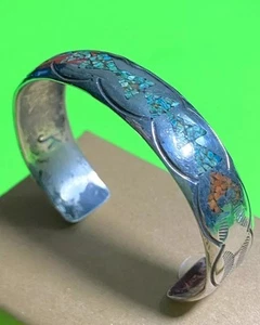 20g Navajo Jim Kirk Sterling Silver Turquoise Coral Arrow 925 Cuff Bracelet 6.5” - Picture 1 of 2