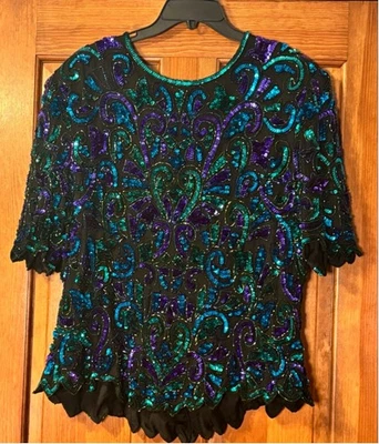 Laurence Kazar винтажный шелк блестки бисером верхний 3 X черный драгоценный камень зубчатый - Изображение 1 из 4