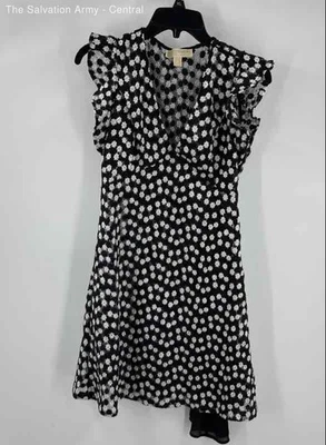 Vestido Michael Kors Mujer Negro Blanco Floral Cuello en V Midi Calce y Acampanado Talla 2 Foto 1 de 4
