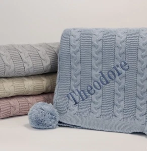 Personalised Cable Knit Baby Blanket, Cable Knit Nursery Blanket with Poms - Picture 1 of 14