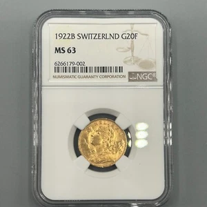 Gold Coin Switzerland 20 Francs 1922 B Bern Helvetia Original NGC MS63 - Picture 1 of 2