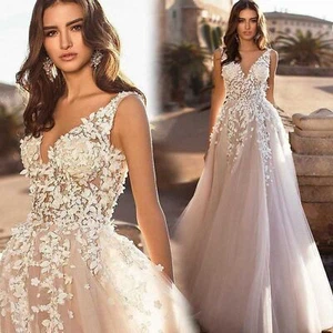 IS-NWT US16 Lace Train Wedding Dress Off-Shoulder A-Line Princess Ball Gown - Picture 1 of 6