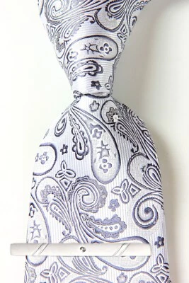 Nueva Corbata Clásica Paisley Blanca Gris JACQUARD TEJIDA 100% Seda Para Hombre Foto 1 de 4
