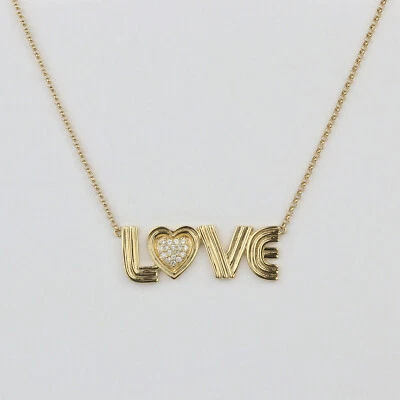Hermoso collar colgante "Love" de oro amarillo de 14k con diamantes para mujer de 17" Foto 1 de 3