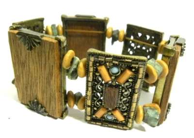 Painel de madeira vintage pulseira elástica com miçangas pedra lasca elástica boho filigrana - Imagem 1 de 4