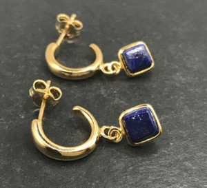 Lapis lazuli square hoop drop earrings gold on solid Sterling silver, Gift box - Picture 1 of 11