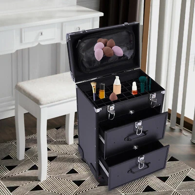 Black Cosmetic Storage Case Organizer Trolley Lock Rolling Makeup Train Case - Image 1 of 4