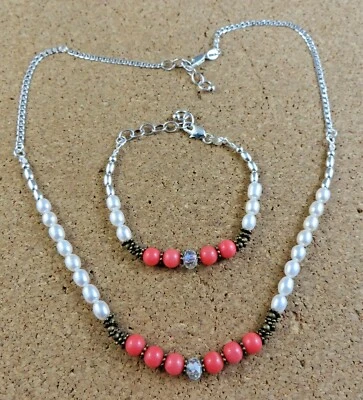 Nuevo Collar y Pulsera Rosa Coral Blanco Perla Plata de Ley 925 y Bronce #927 Foto 1 de 4